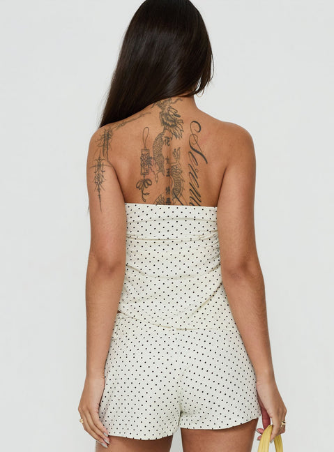 Defined Strapless Gathered Linen Blend Top Cream Polka Dot