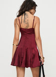 back view of model wearing Princess Polly Valeska Mini Dress Burgundy V-Neck 