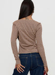 Maemi Long Sleeve Tie Up Top Brown Check