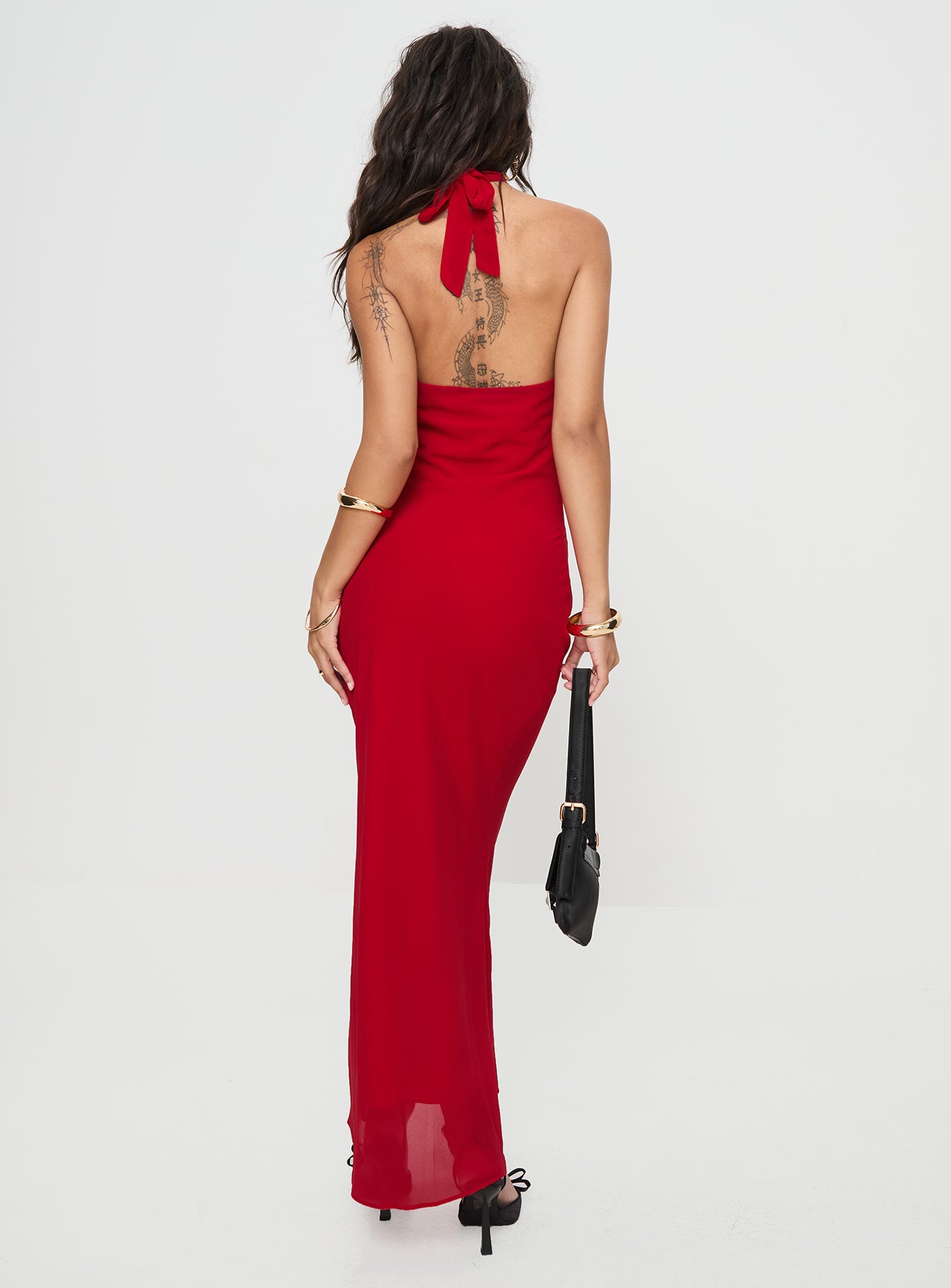 back view of model wearing Princess Polly Abriela Maxi Dress Red High Neck 