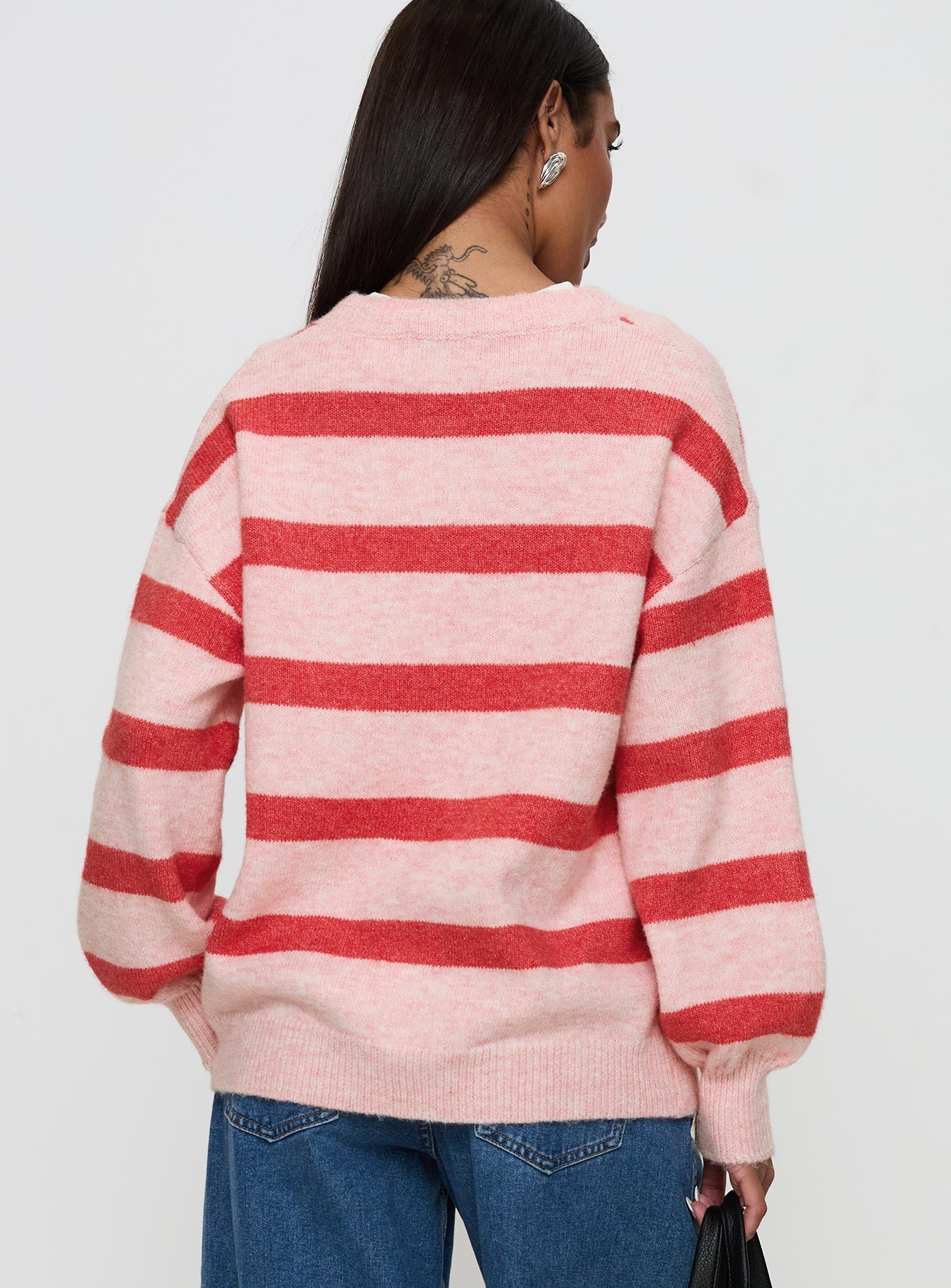 back view of model wearing Princess Polly Ryanna Sweater Pink / Red Stripe 