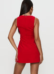 back view of model wearing Princess Polly Anse Mini Dress Red Crew Neck 