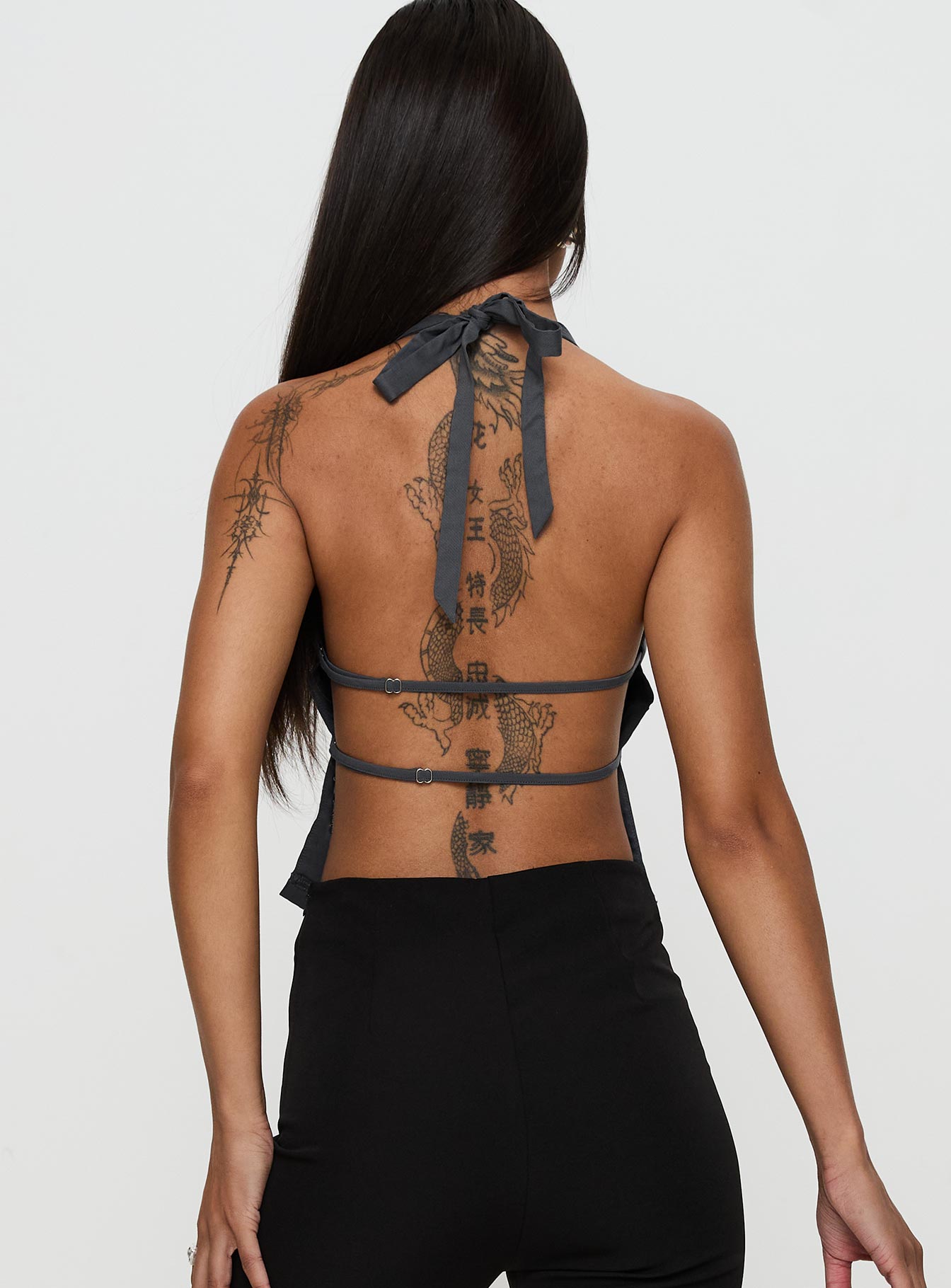 back view of model wearing Princess Polly Eyes On You Backless Top Slate Sleeveless Scoop Neck 