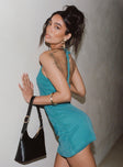 back view of model wearing Princess Polly Armonia Mini Dress Teal Petite Square Neck 