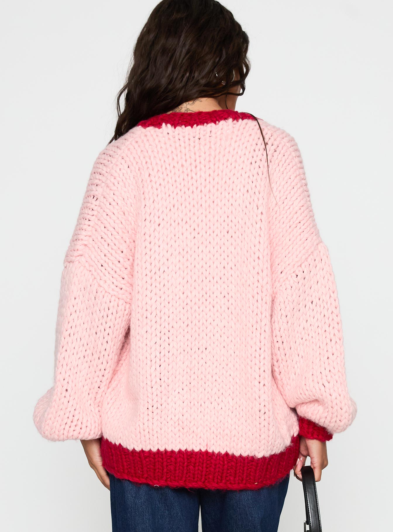 back view of model wearing Princess Polly Lester Knit Cardigan Pink / Red Long 