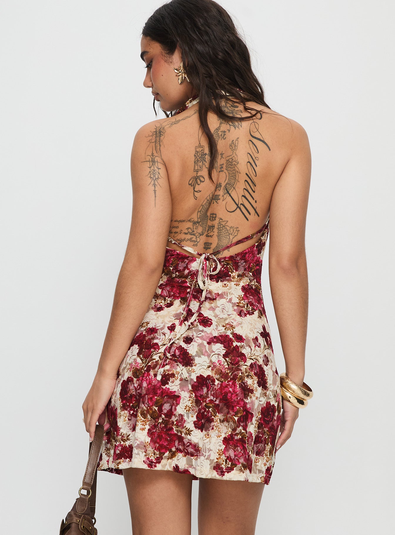 Salome Halter Cowl Neck Mini Dress | Red Multi | Womens | Princess Polly Lower Impact Salome Halter Cowl Neck Mini Dress | Red Multi | Womens | Princess Polly Lower Impact
