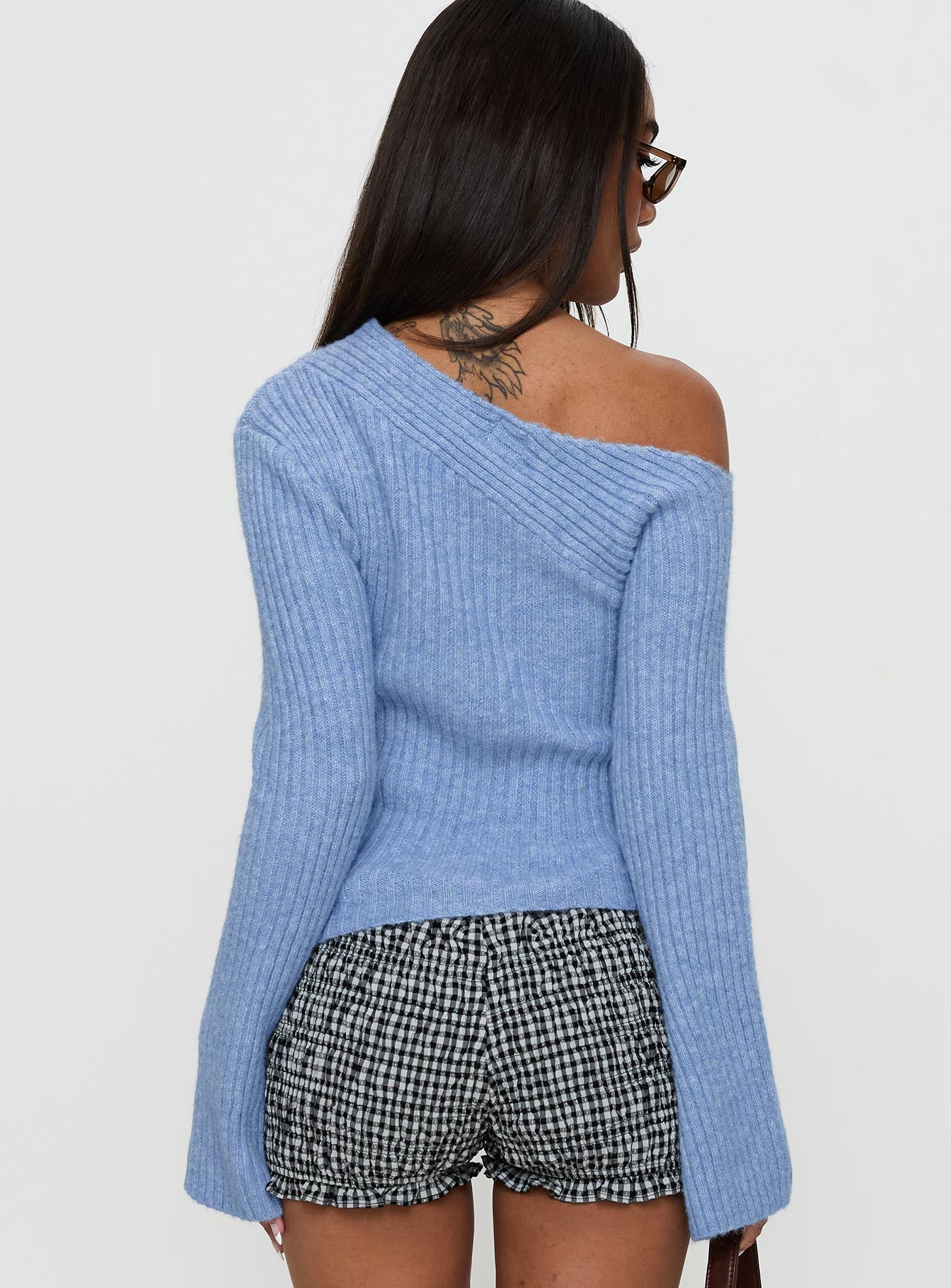 back view of model wearing Princess Polly Phillips Cold Shoulder Sweater Blue Cropped 