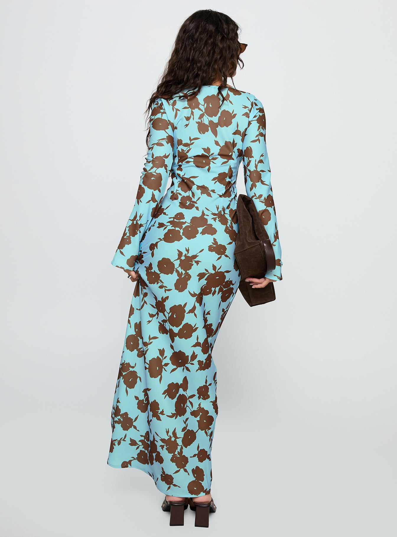 back view of model wearing Princess Polly Elorie Long Sleeve Maxi Dress Blue / Brown Scoop Neck 