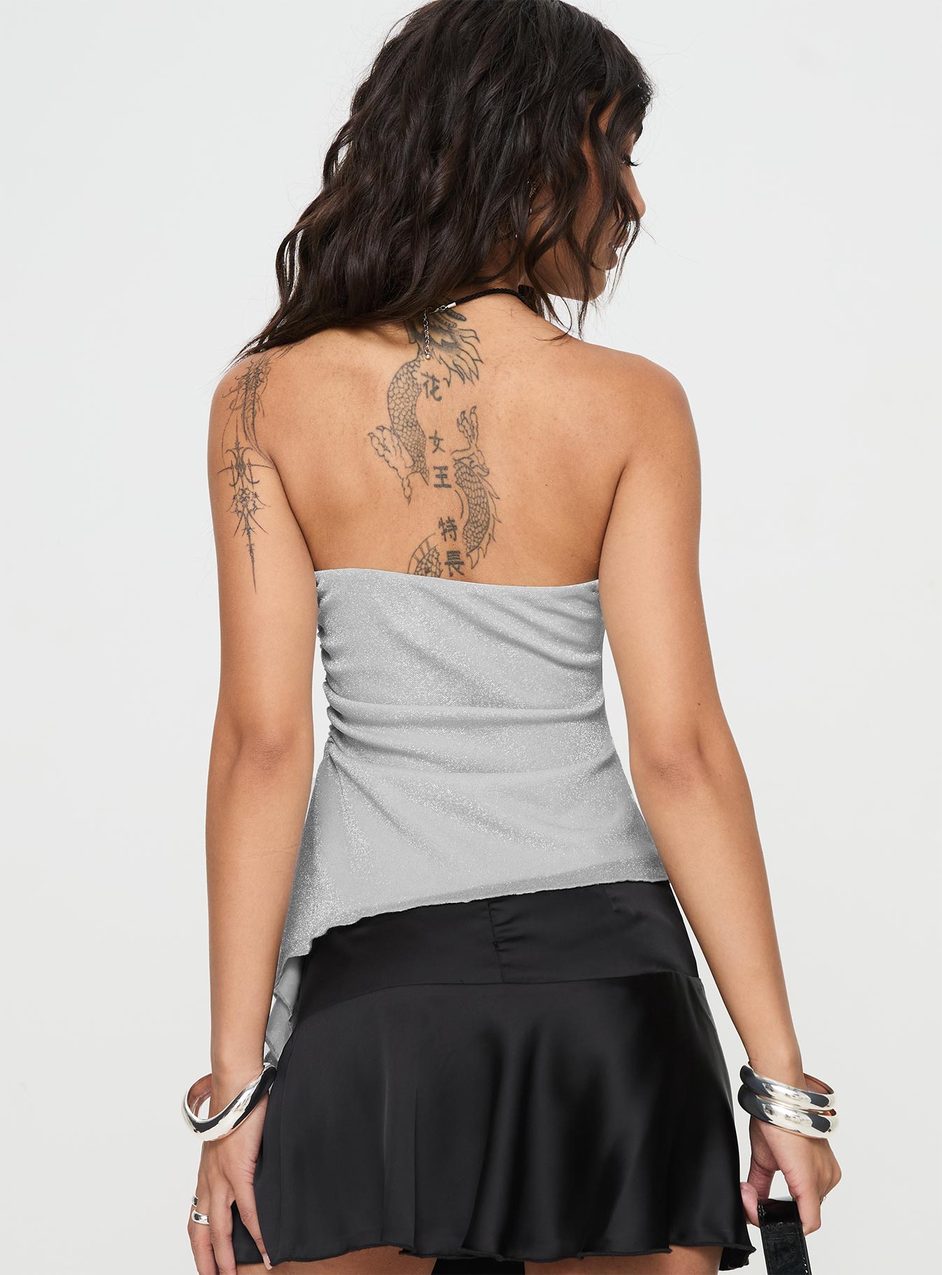 back view of model wearing Princess Polly Zechariah Strapless Top Silver Sleeveless straight 