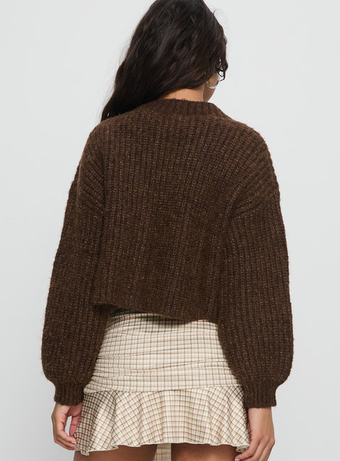 back view of model wearing Princess Polly Hadly Knit Cardigan Brown cropped 