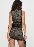 Lace mini dress V neckline, fixed shoulder straps, adjustable ruching down sides with tie fastening