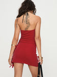 back view of model wearing Princess Polly Maple Syrup Strapless Mini Dress Red Straight Neck 