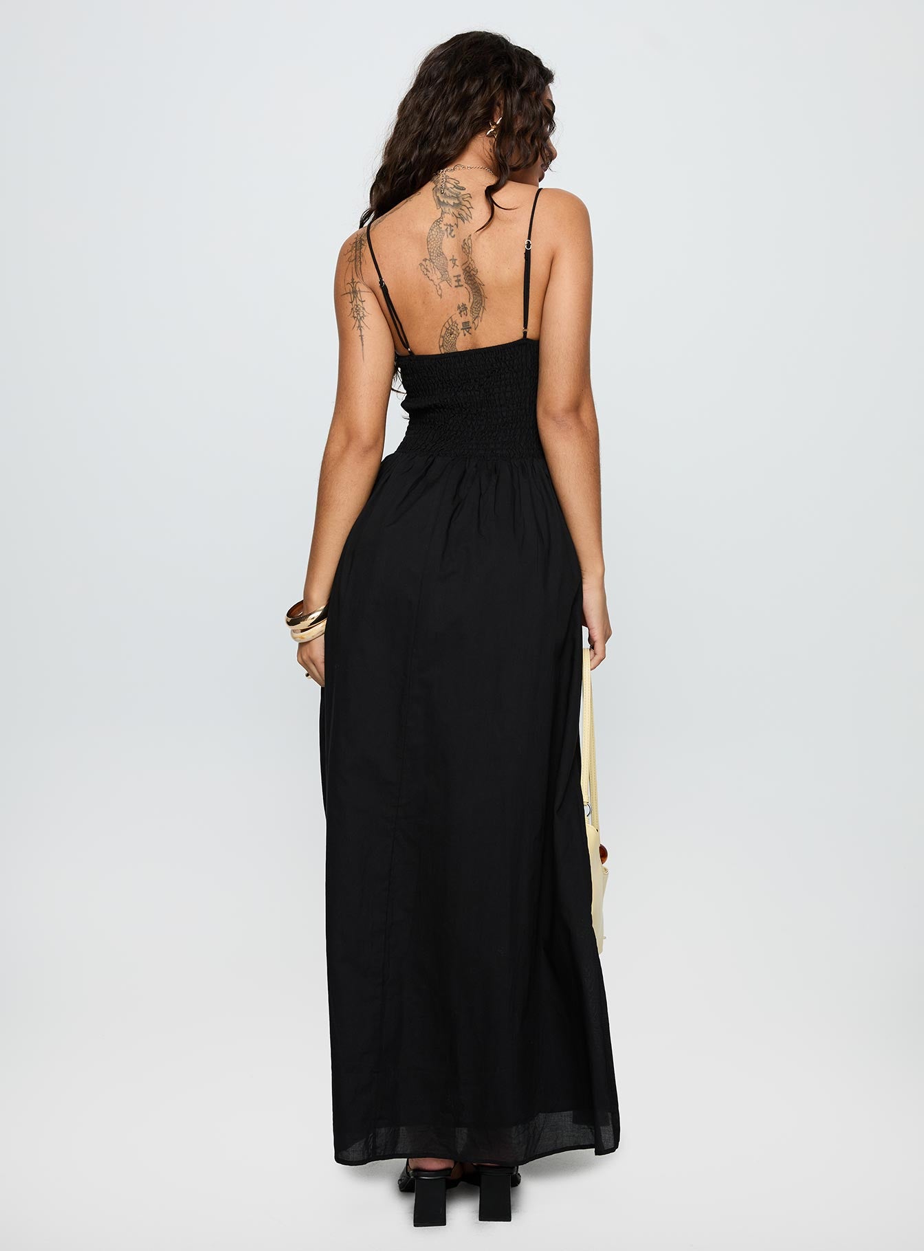 back view of model wearing Princess Polly Carys Maxi Dress Black Square Neck 