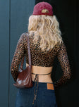 back view of model wearing Princess Polly Uzo Long Sleeve Top Leopard Full Sleeves High Neck 