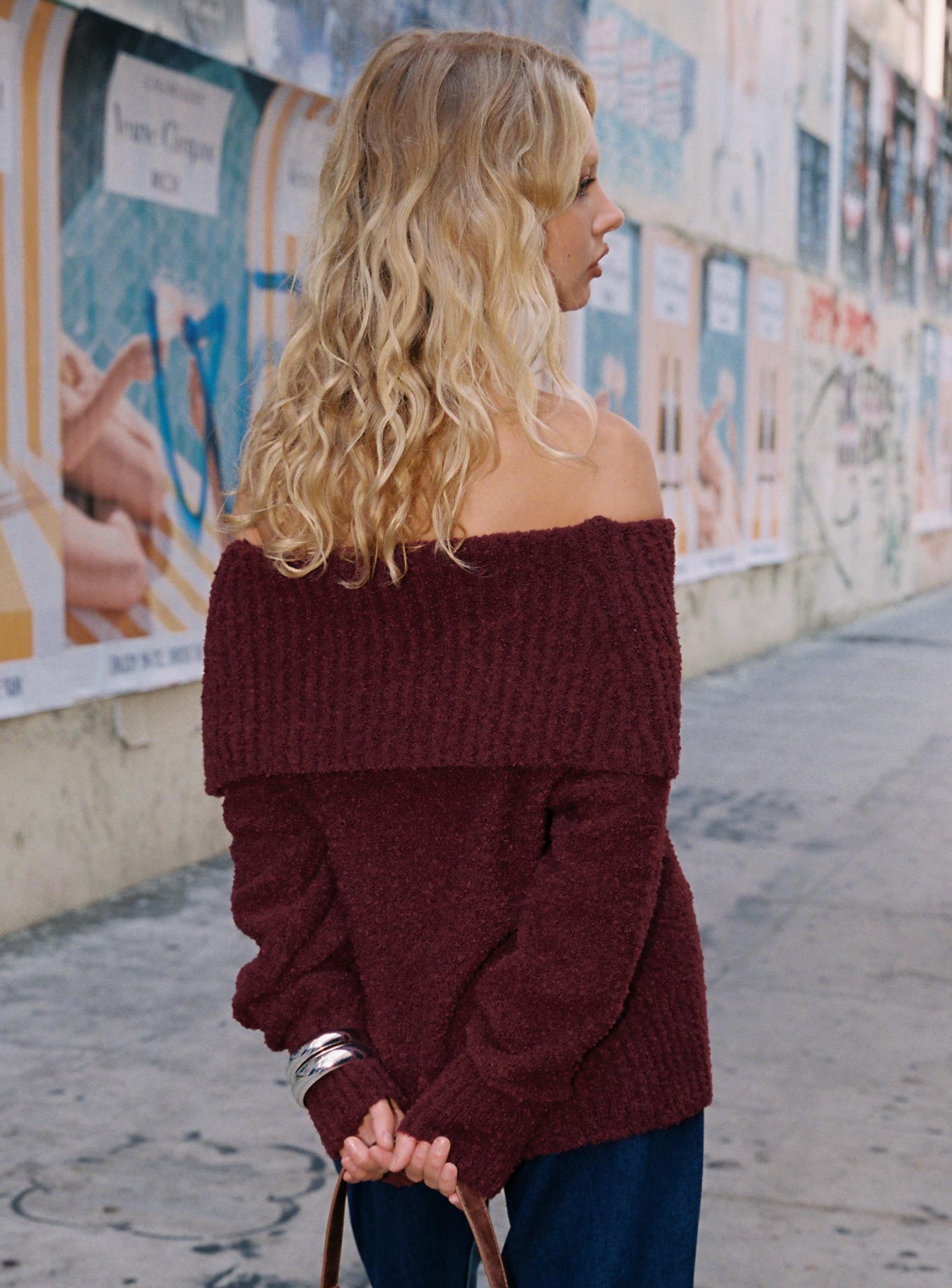 Parkley Boucle Off The Shoulder Sweater Burgundy | Princess Polly