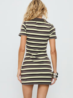 Zuria Collared V-neck Mini Dress Brown / Yellow Stripe
