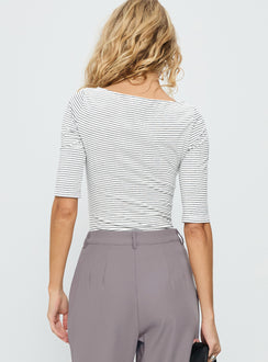 back view of model wearing Princess Polly Here One Moment 3/4 Sleeve Bodysuit Black / White Stripe Half Sleeve 