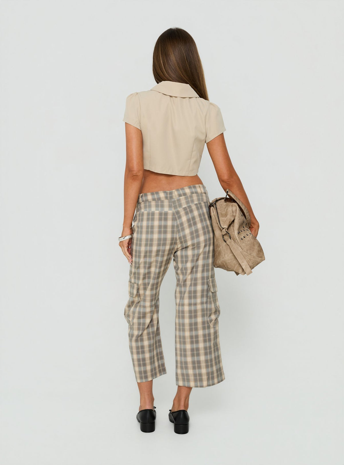 Presenting Indee Cropped Cargo Pants Check in womens-regular-pants featuring mid-rise detail view of model wearing Princess Polly