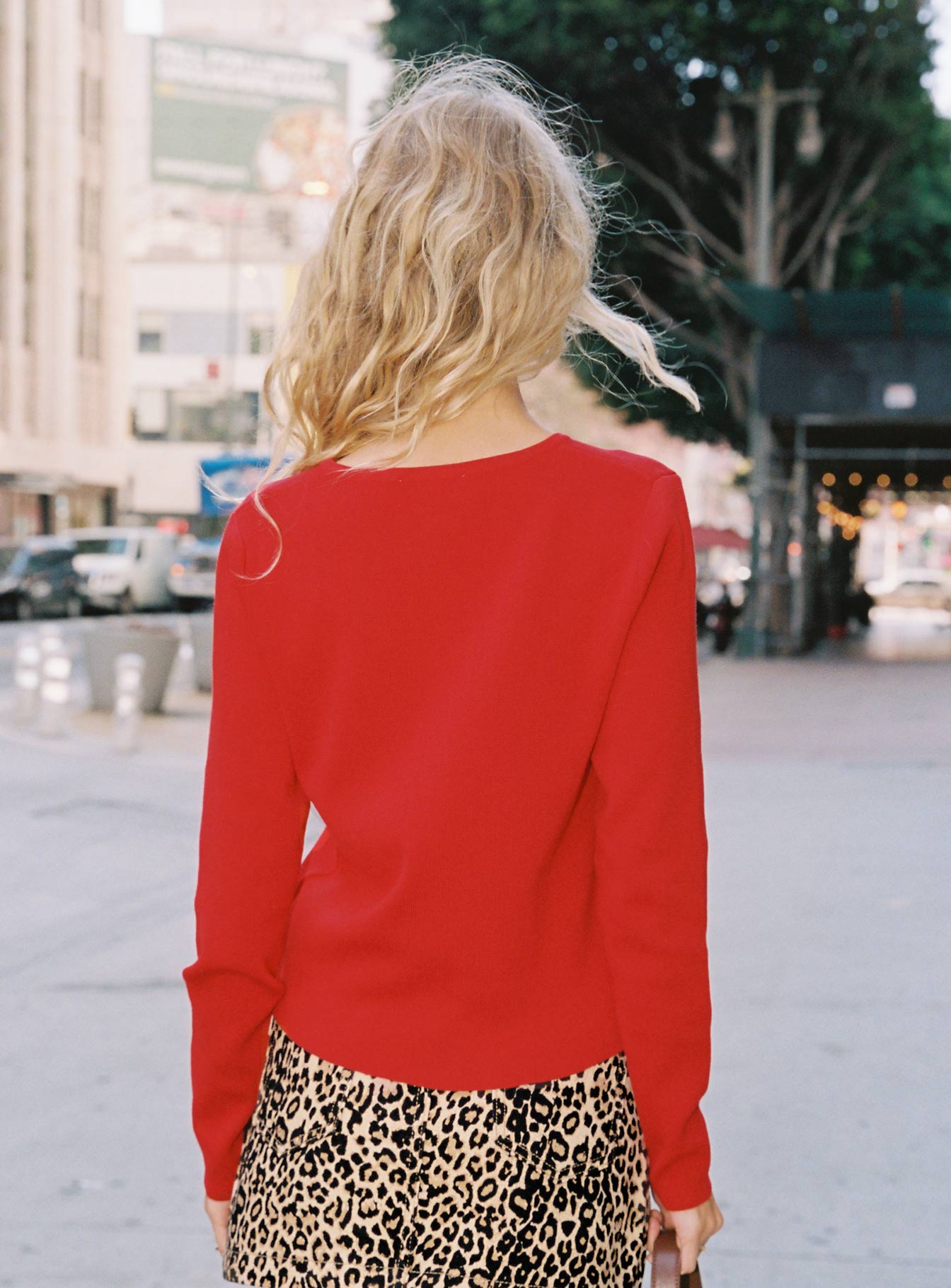 back view of model wearing Princess Polly Old Burlington Knit Cardigan Red Long 
