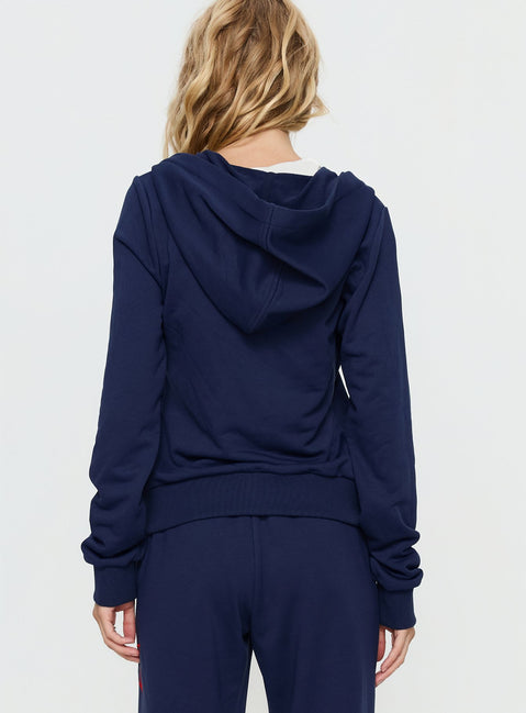 back view of model wearing Princess Polly Kari Distressed Zip Through Top Navy Multi Longline Jumpers 