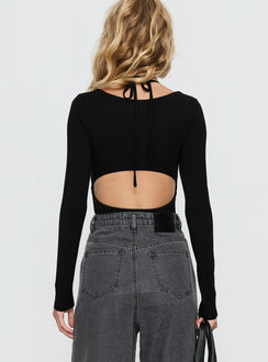 back view of model wearing Princess Polly Tulia Long Sleeve Layered Bodysuit Black Long Sleeve Tops 