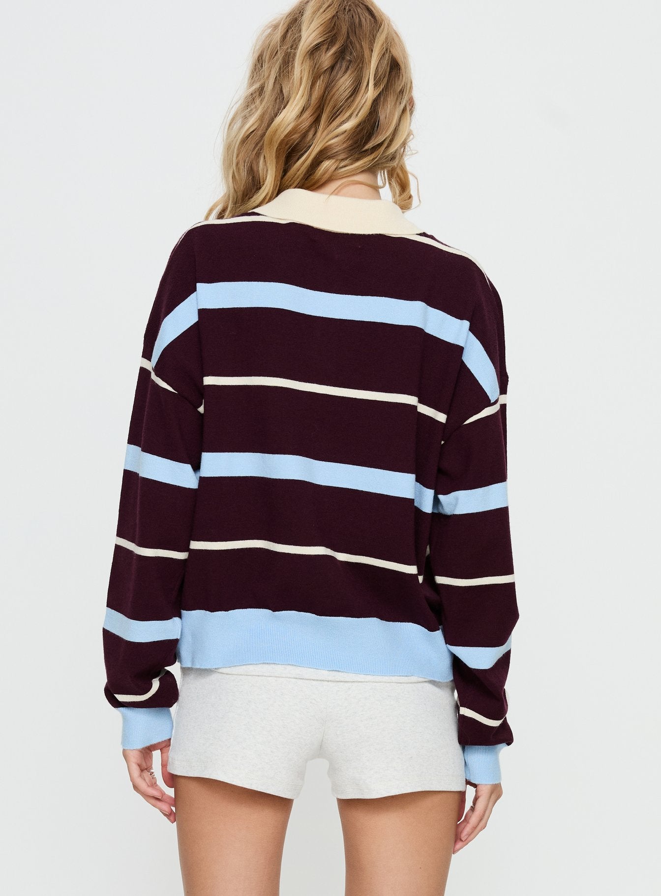 back view of model wearing Princess Polly Aiyanna Collared Rugby Jersey Brown / Blue Stripe cropped 