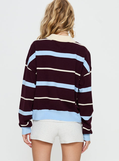 back view of model wearing Princess Polly Aiyanna Collared Rugby Jersey Brown / Blue Stripe cropped 