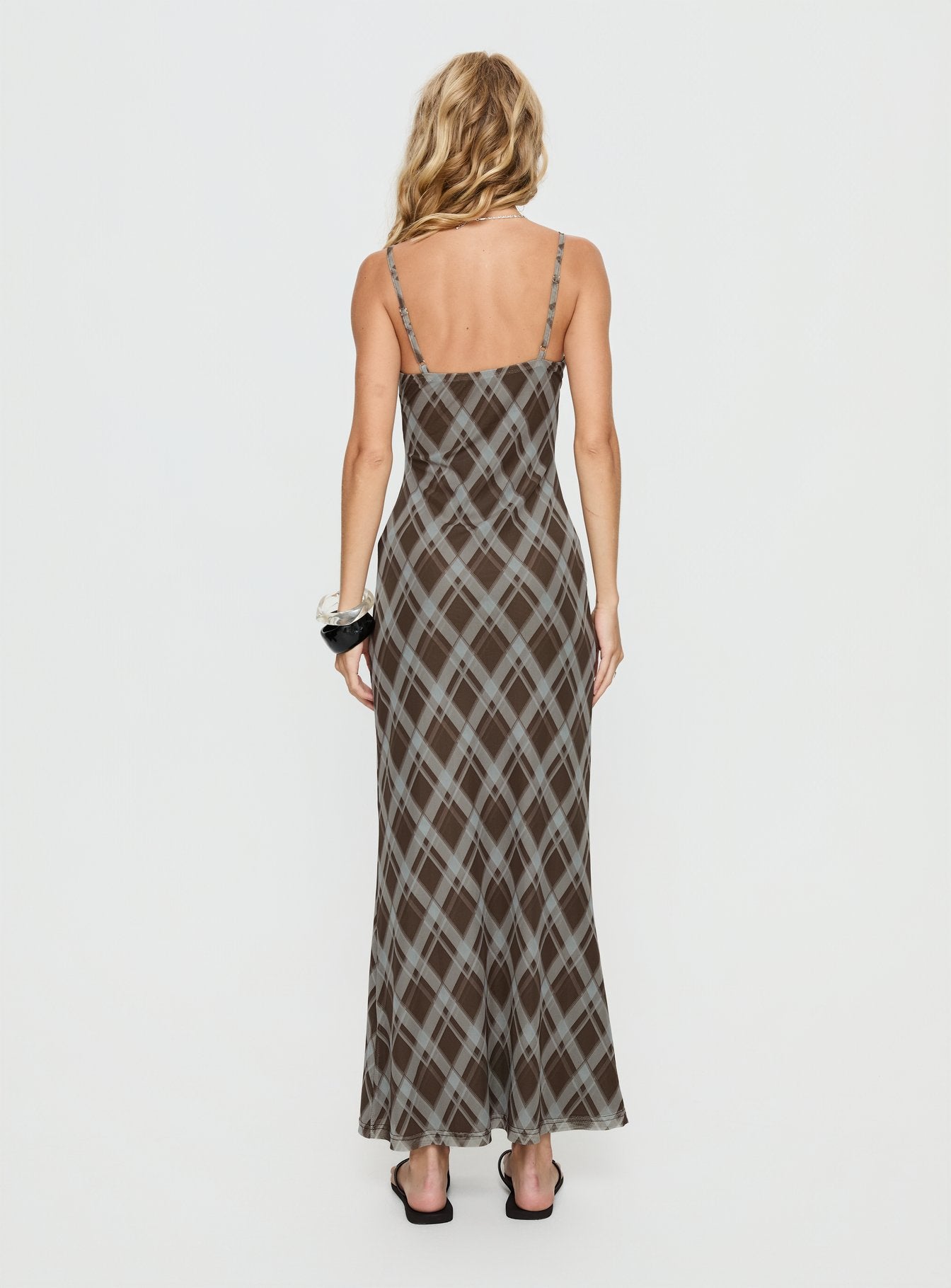 Idaline V Neck Maxi Dress Navy Check | Princess Polly