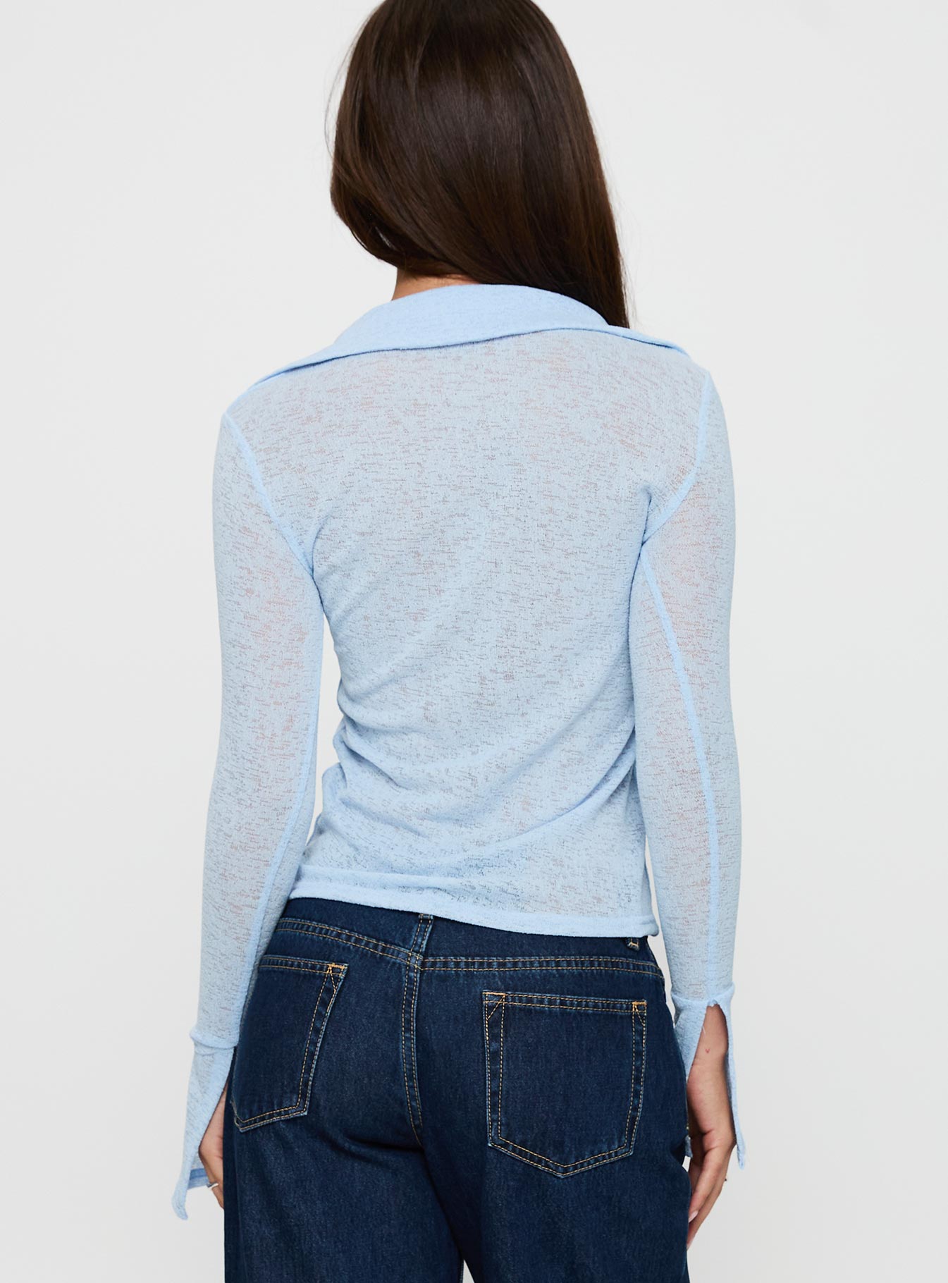 back view of model wearing Princess Polly Finnean Long Sleeve Top Pale Blue Full Sleeves V-Neck 