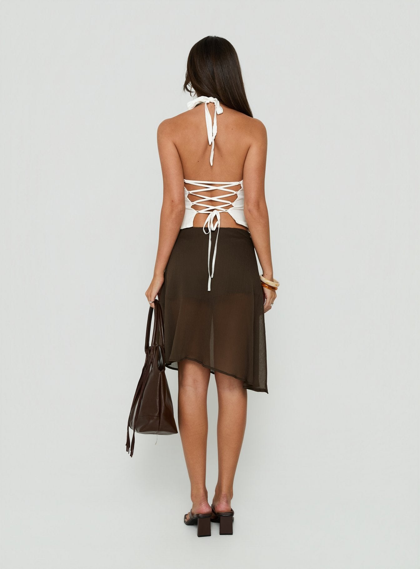 Eliodora Layered Sheer Midi Skirt Brown