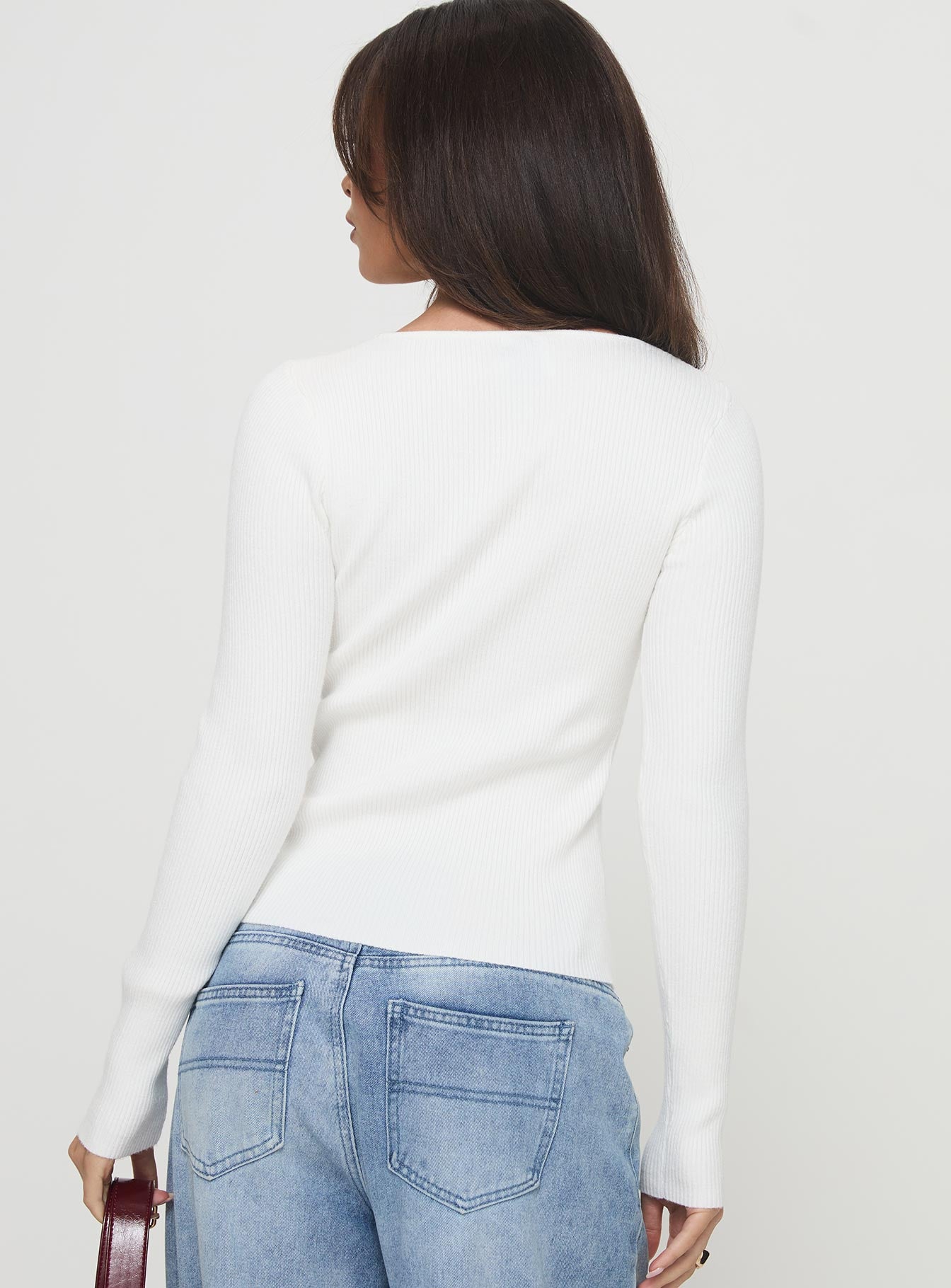 back view of model wearing Princess Polly Malgit Long Sleeve Top White Full Sleeves High Neck 