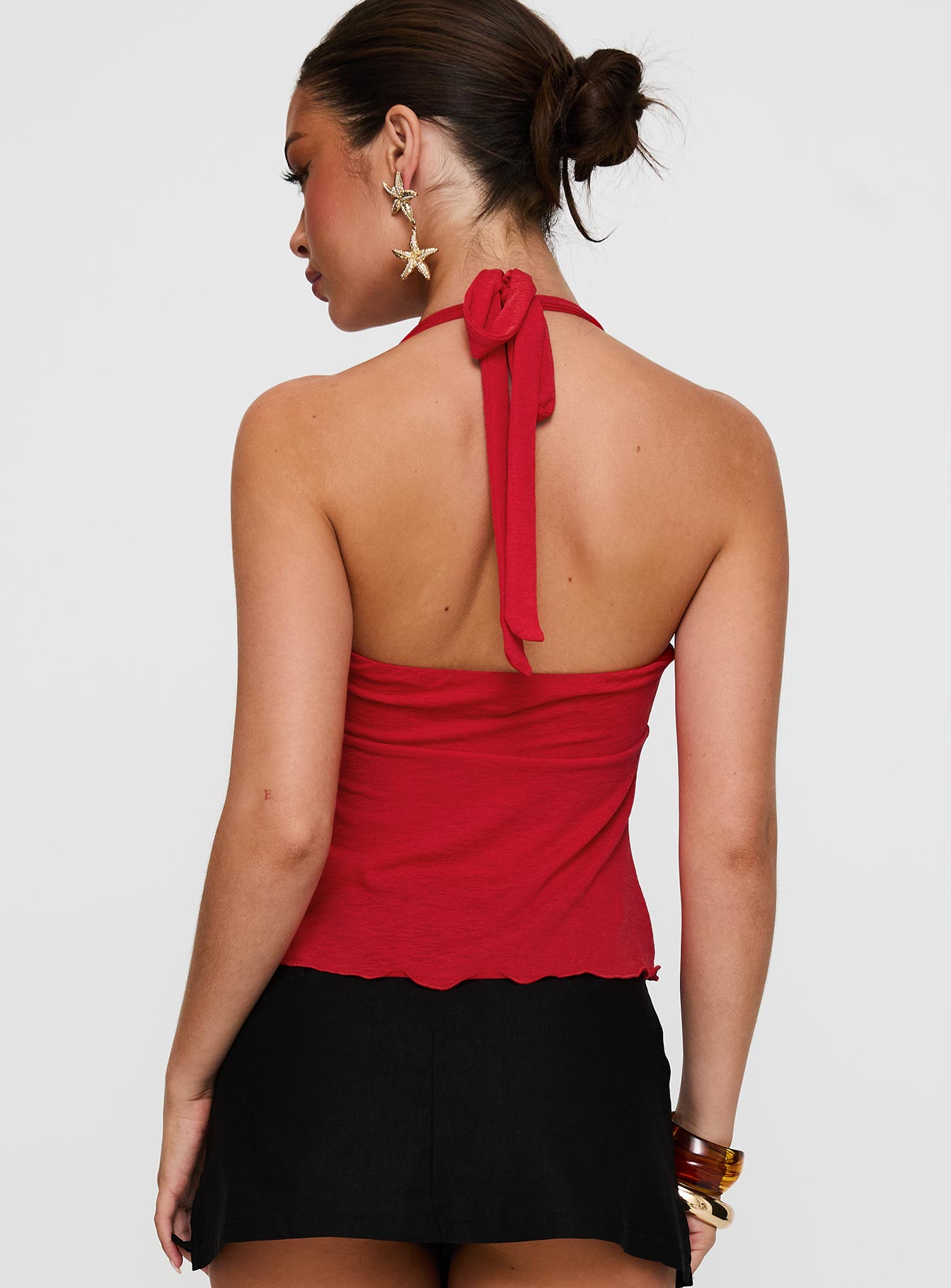 back view of model wearing Princess Polly Attina Hardware Detail Top Red Sleeveless Sweetheart 