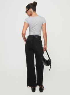 back view of model wearing Princess Polly Fawcett High Rise Straight Leg Jeans Washed Black High Rise Jeans 