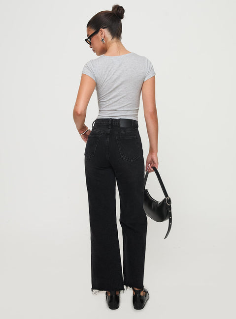 back view of model wearing Princess Polly Fawcett High Rise Straight Leg Jeans Washed Black High Rise Jeans 