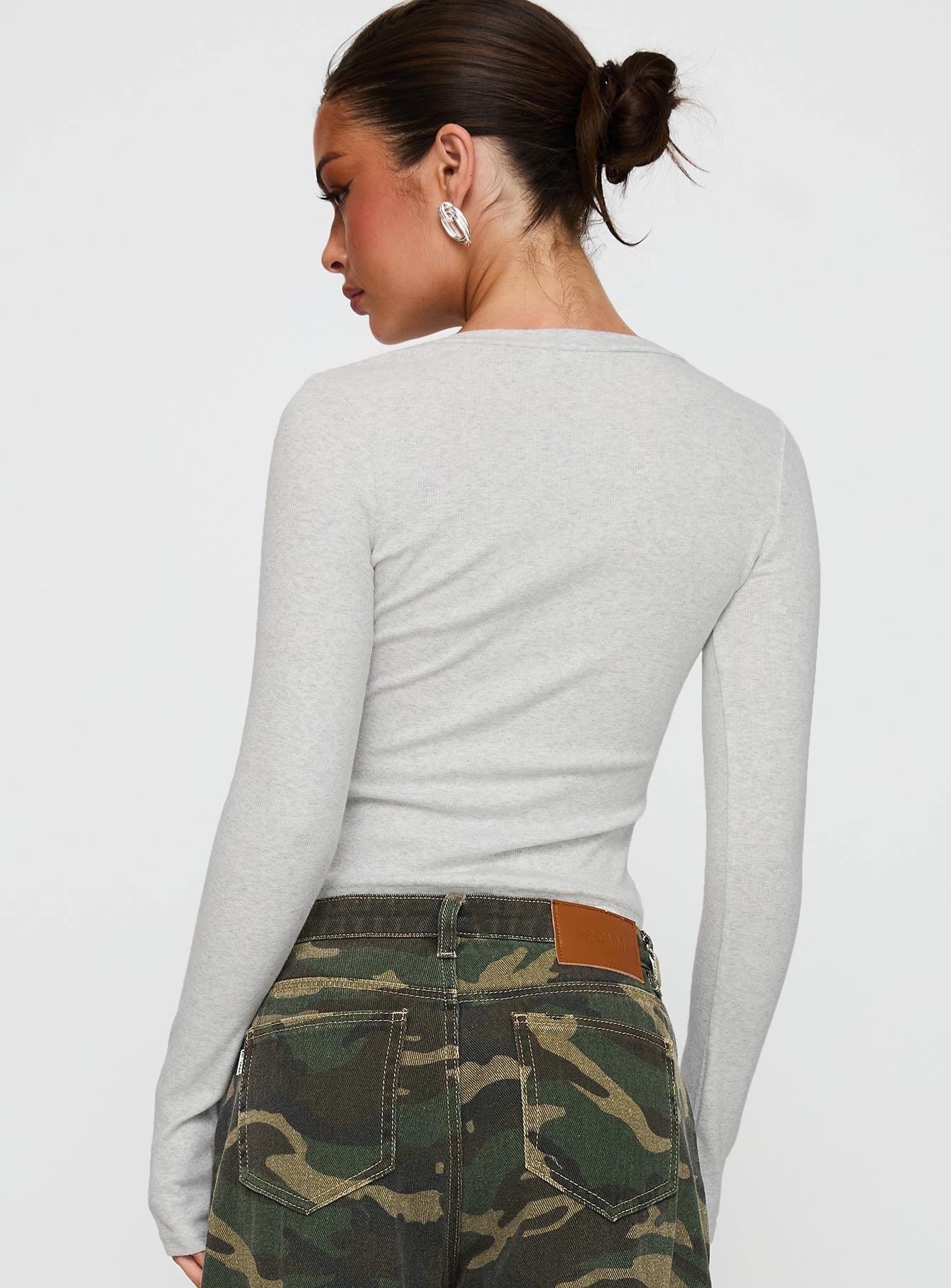back view of model wearing Princess Polly Sandra Dee Knit Top Grey Marle Full Sleeves Crew Neck 