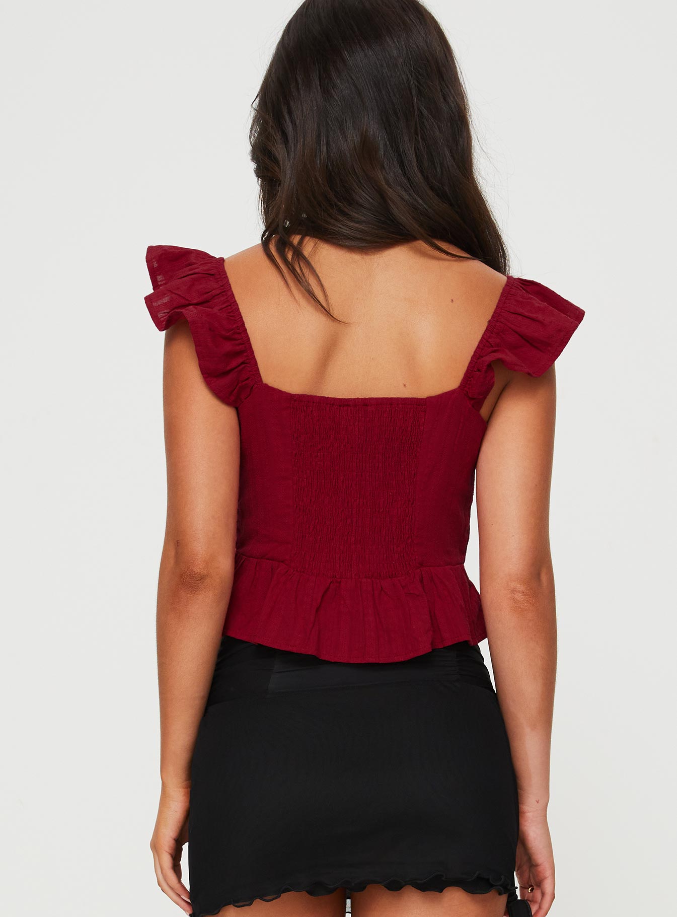back view of model wearing Princess Polly Mylan Top Burgundy Short Sleeves Sweetheart 