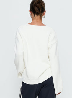 back view of model wearing Princess Polly Kaileigh V Neck Knit Sweater Cream Longline Jumpers 