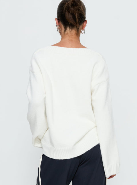 back view of model wearing Princess Polly Kaileigh V Neck Knit Sweater Cream Longline Jumpers 