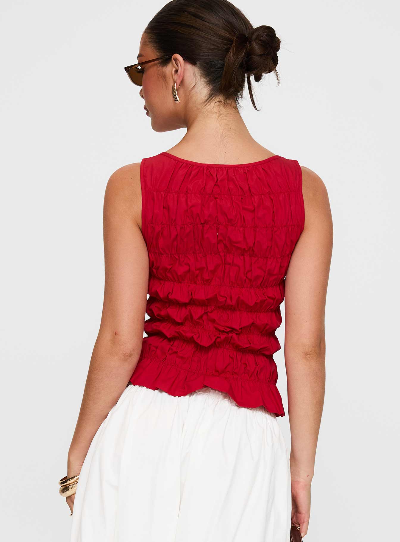 back view of model wearing Princess Polly Marleene Shirred Top Red Sleeveless Crew Neck 