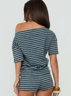 Wildlands Off Shoulder Tee Grey / Blue Stripe