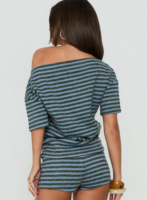 Wildlands Off Shoulder Tee Grey / Blue Stripe