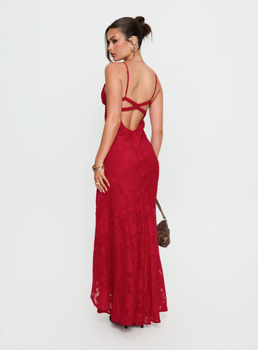 strapless open back dress Red Two Piece Prom Dress,Satin Floor Length Evening Dress,Prom Dress with Slit PD00078, US26W / Red main image 0
