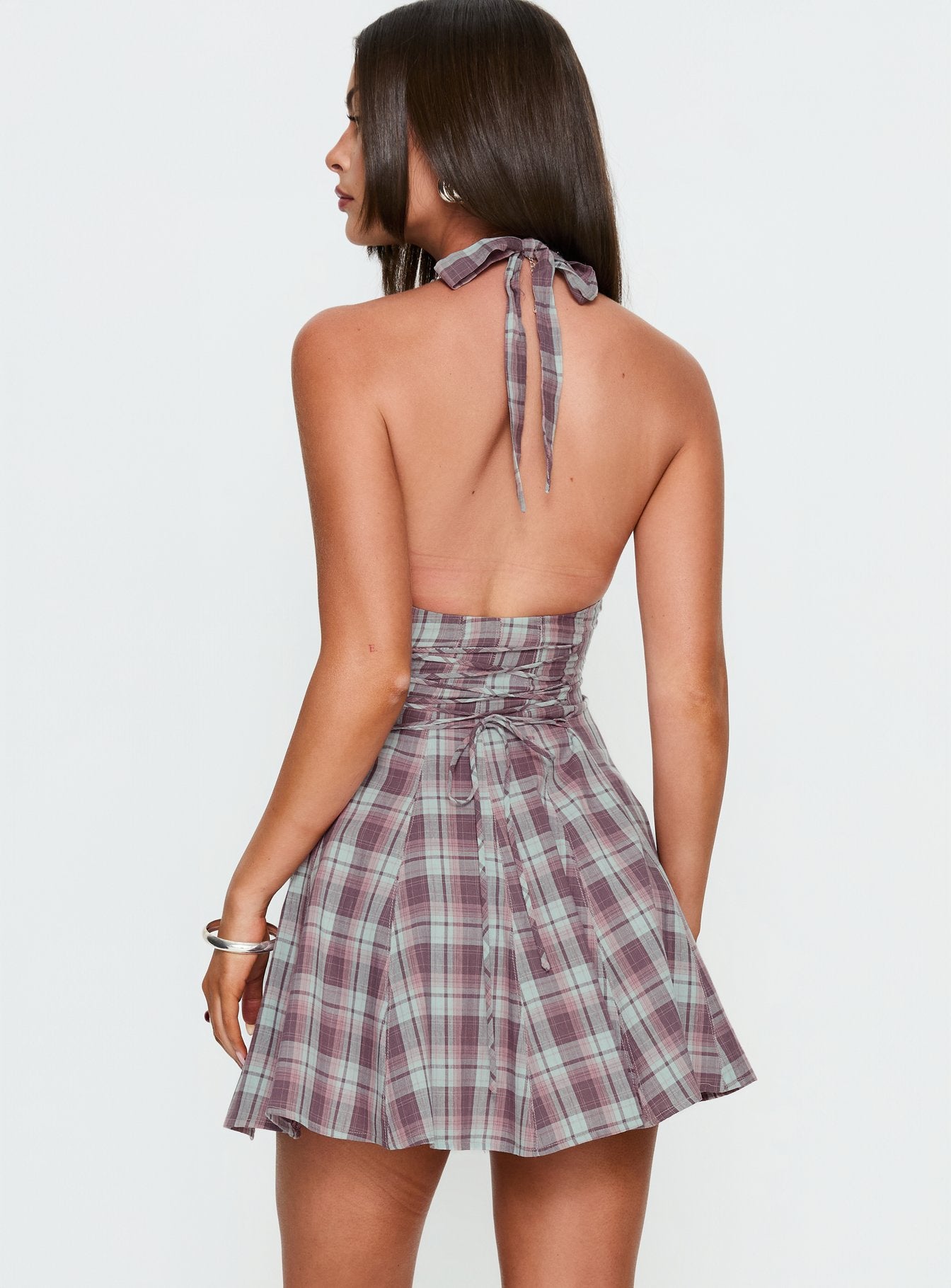 Out Of Nowhere Halter Mini Dress Burgundy / Pink Check | Princess
