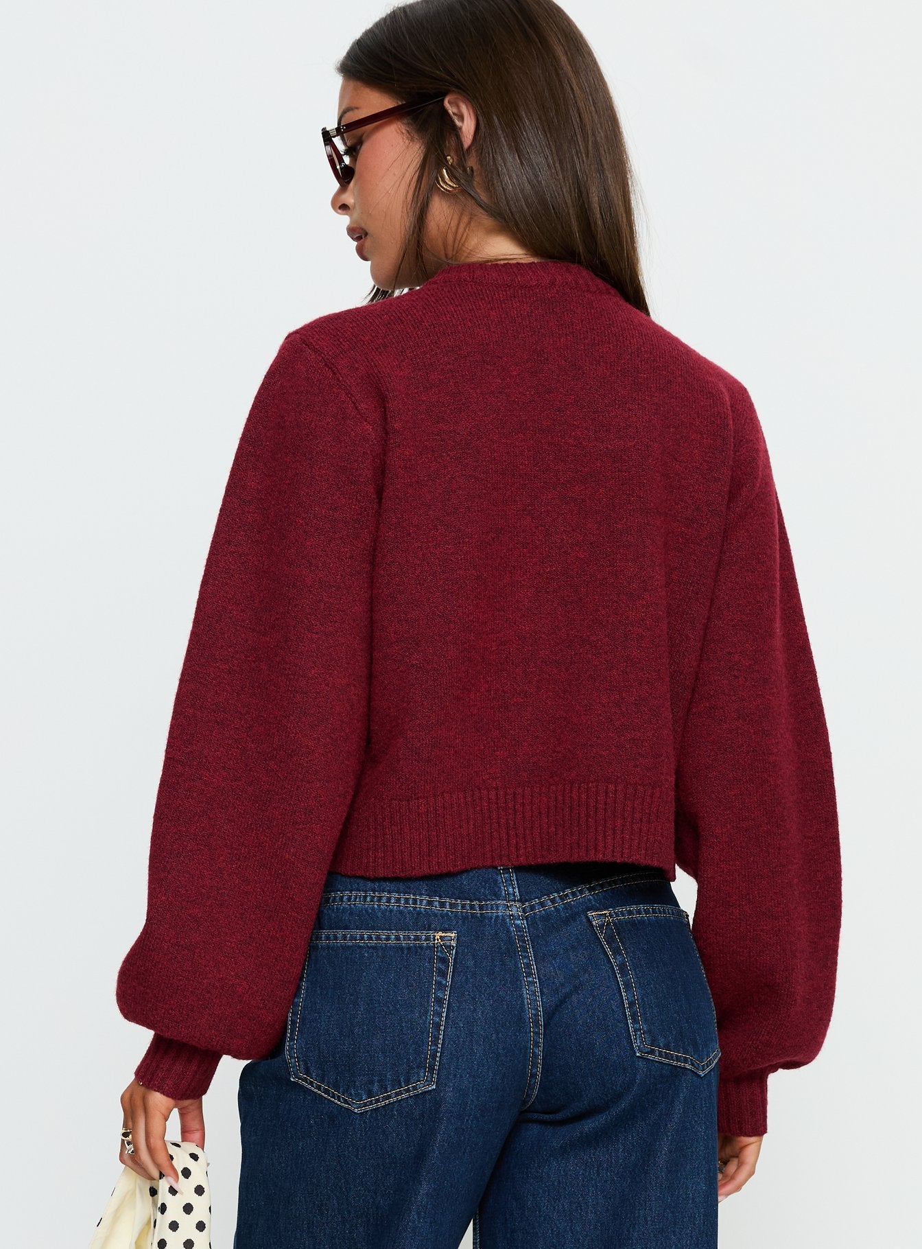 back view of model wearing Princess Polly Kammi Button Up Cardigan Red cropped 