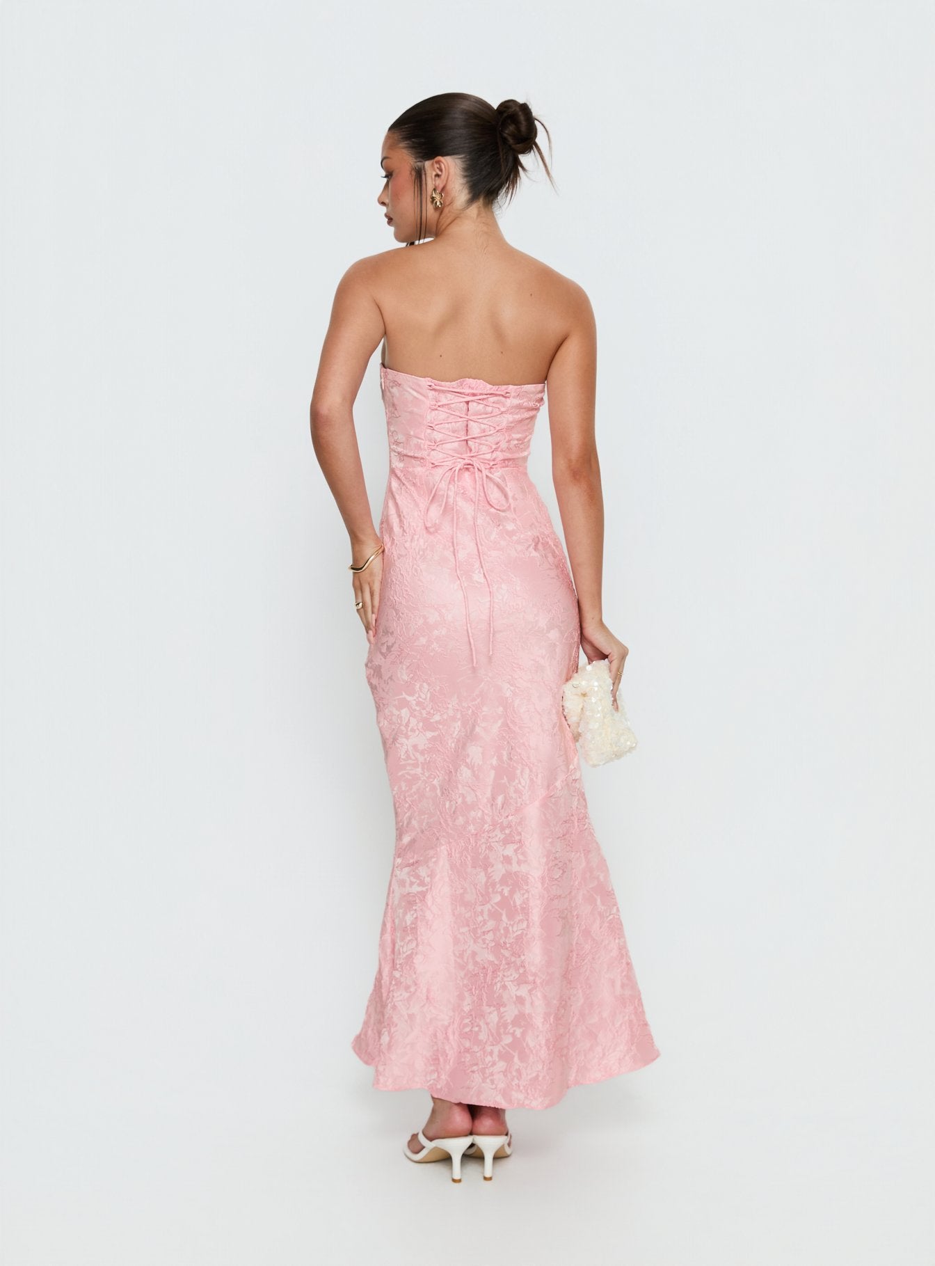 pink strapless lace dress Lips Are Sealed Strapless Lace-Up Back Maxi Dress | Pink | Womens