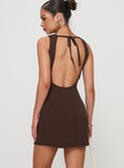 back view of model wearing Princess Polly Mayok Mini Dress Brown Tall High Neck 