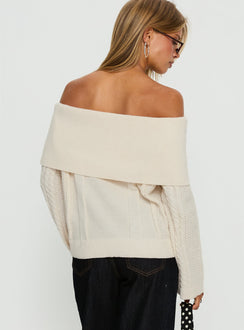 back view of model wearing Princess Polly Margarete Off Shoulder Knit Sweater Cream Longline Jumpers 