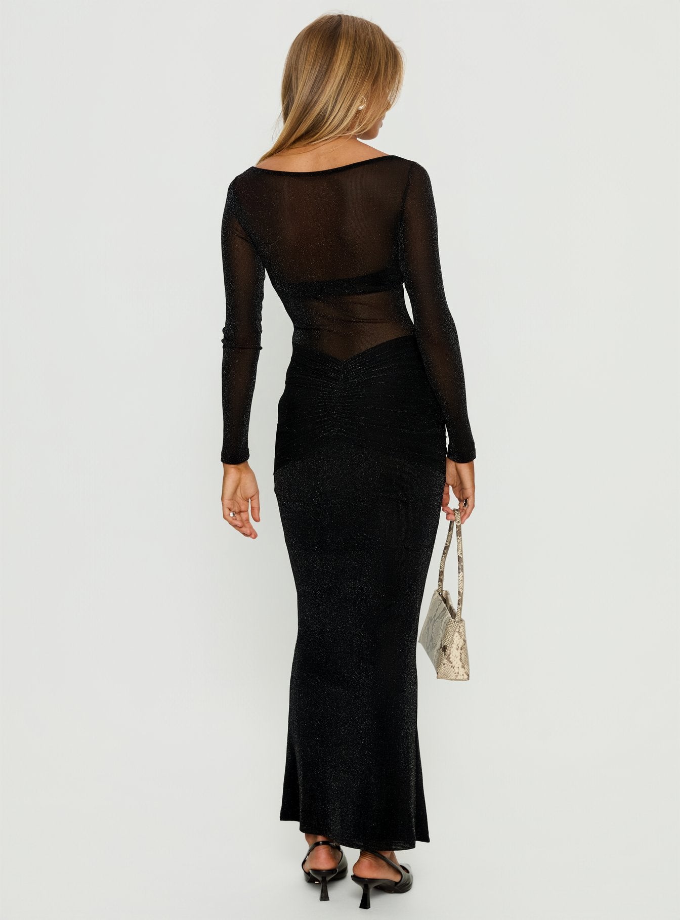 Joceline Long Sleeve Sheer Maxi Dress Black Shimmer | Princess Polly Joceline Long Sleeve Sheer Maxi Dress Black Shimmer | Princess Polly