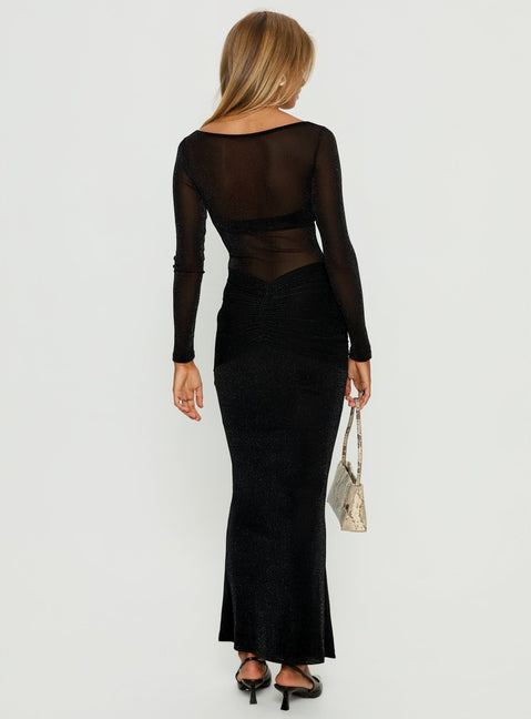 Joceline Long Sleeve Sheer Maxi Dress Black Shimmer