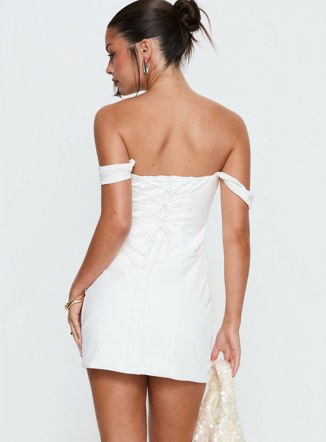 jacklyn off shoulder mini dress oatmeal Joslyne Off Shoulder Corset Mini Dress | White | Womens